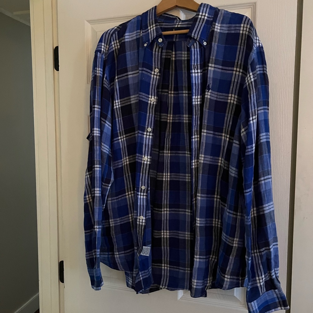 Polo by Ralph Lauren men’s button down linen shirt, blue/black plaid sz 2xl new